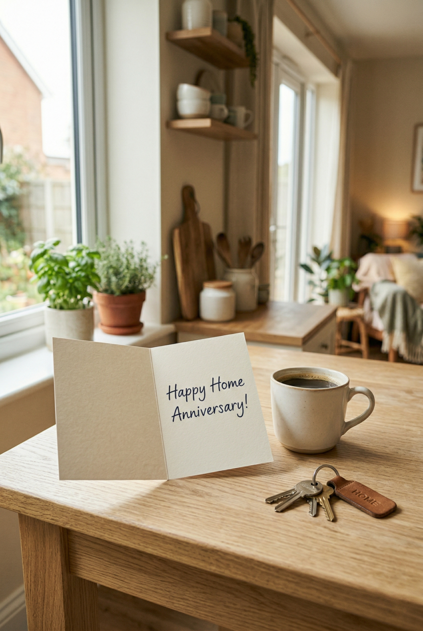A handwritten Happy Home Anniversary card on a kitchen table with coffee and house keys